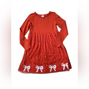 Hanna Andersson Size 130, 8, Tangy Red Tulle Bow Embroidered Skirt Holiday Dress